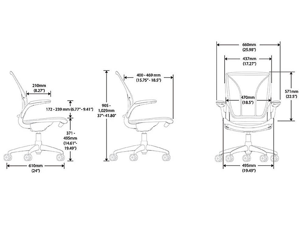 Humanscale Diffrient World All Mesh Task Office Chair 10 Dimensions