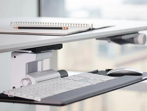 Humanscale Ergonomic Keyboard Tray Drawer 6 In Gray On White Table With Notepad
