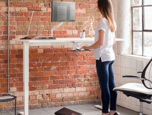 Humanscale Float Standing Office Desk For Office Or Home Areas 5 In White With Foot Rocker And Single Monitor