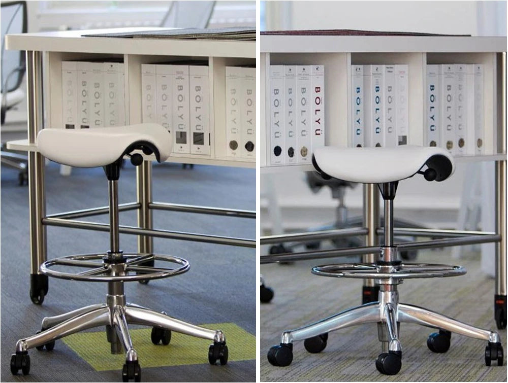 Humanscale Freedom Saddle And Pony Task Stool With Triangular Cushion 4 With Polished Aluminam And White Finish With Foot Ring With White Shelf