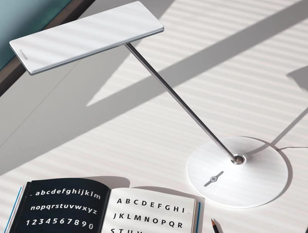 Humanscale Horizon 2 Adjustable Desk Light With Touch Dimming Feature In White On White Table