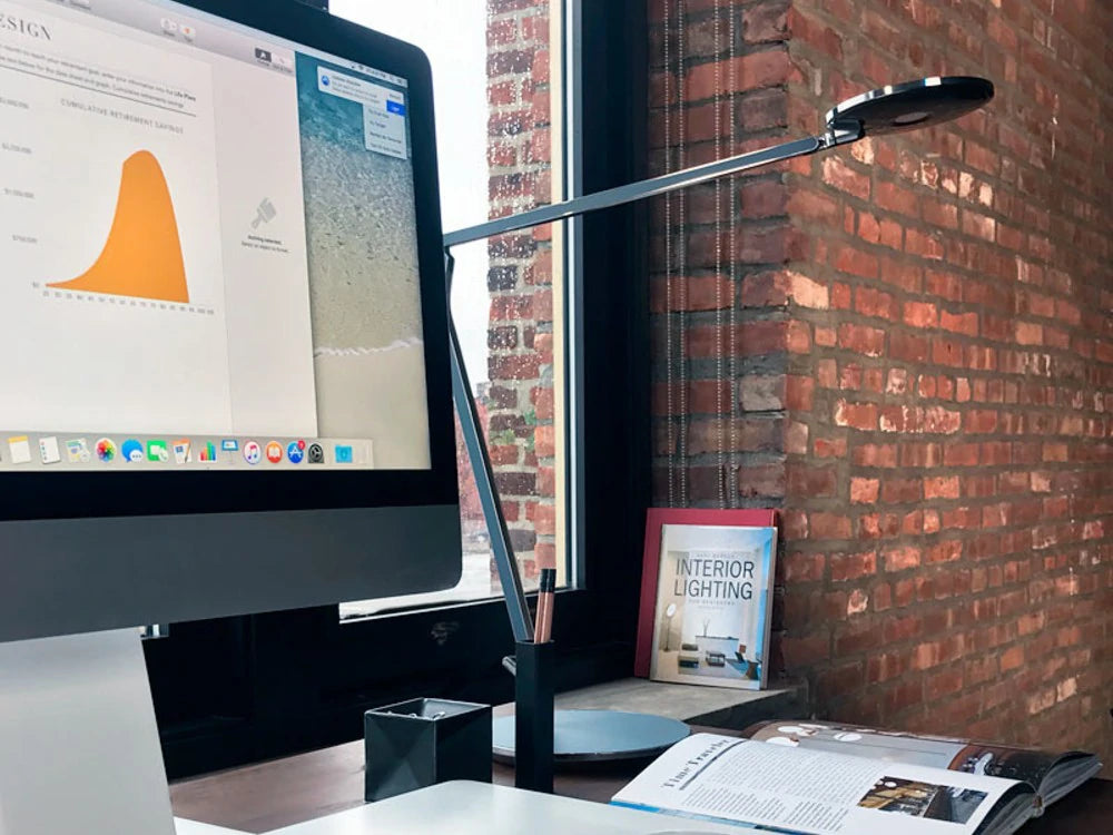 Humanscale Infinity Led Task Light With Constant Torque Forever Hinges 5 In Black On Office Desk Table With Single Monitor