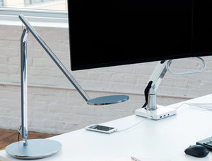 Humanscale Infinity Led Task Light With Constant Torque Forever Hinges 7 In Slate Blue On White Desk With Single Monitor And Black Mouse