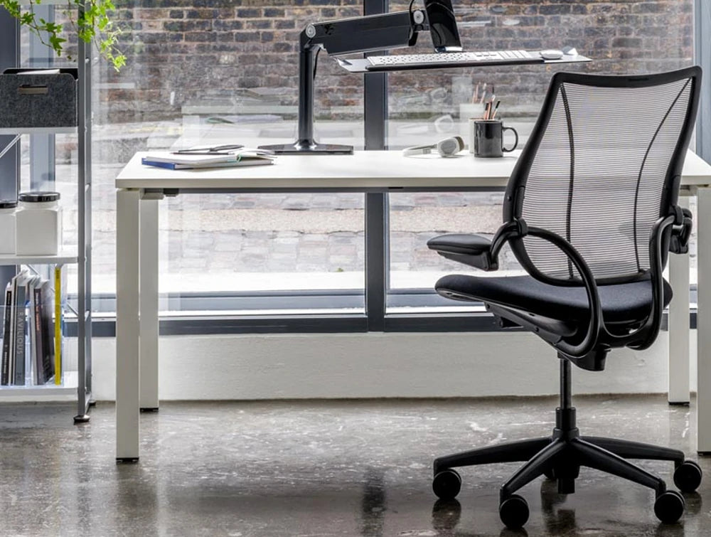 Humanscale Liberty Mesh Back Task Office Chair 7 in Black with Black Trim in Work Desk