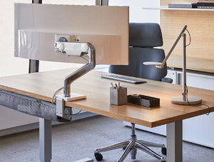 Humanscale M10 Adjustable Monitor Arms For Up To 3 Monitors 7 In Polished Aluminum With White Trim In Wooden Table