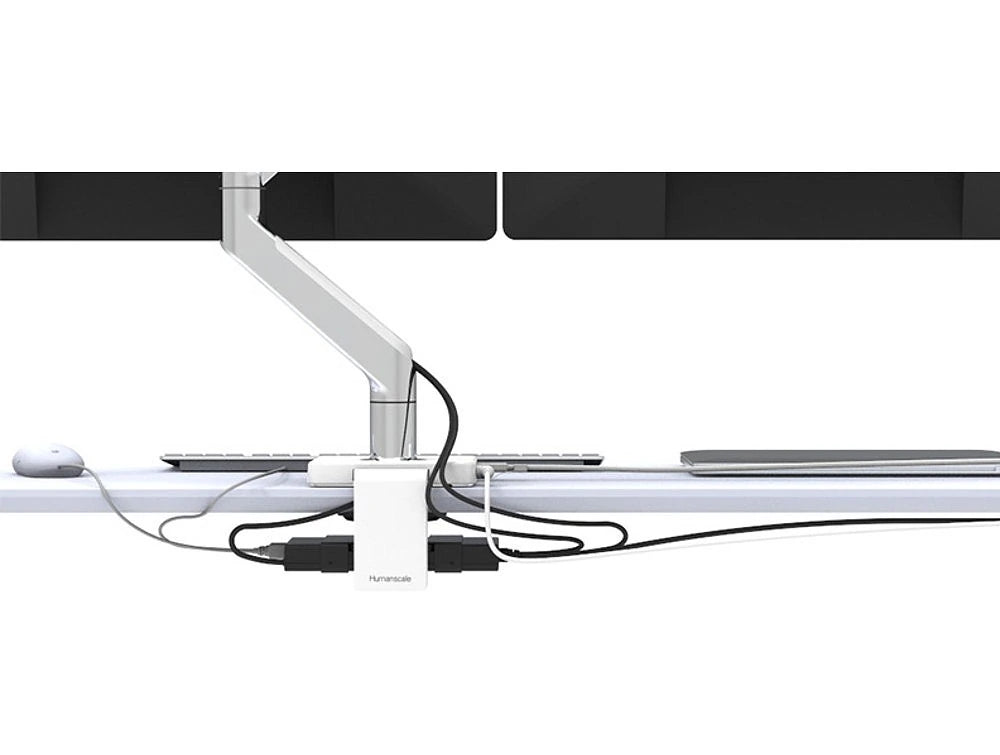 Humanscale Mconnect 2 Docking Station For Thunderbolt Notebooks Back View In White Desk Under Monitor