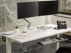 Humanscale Mconnect 2 Docking Station For Thunderbolt Notebooks In White With Dual Monitor And White Desk With Desk Lamp