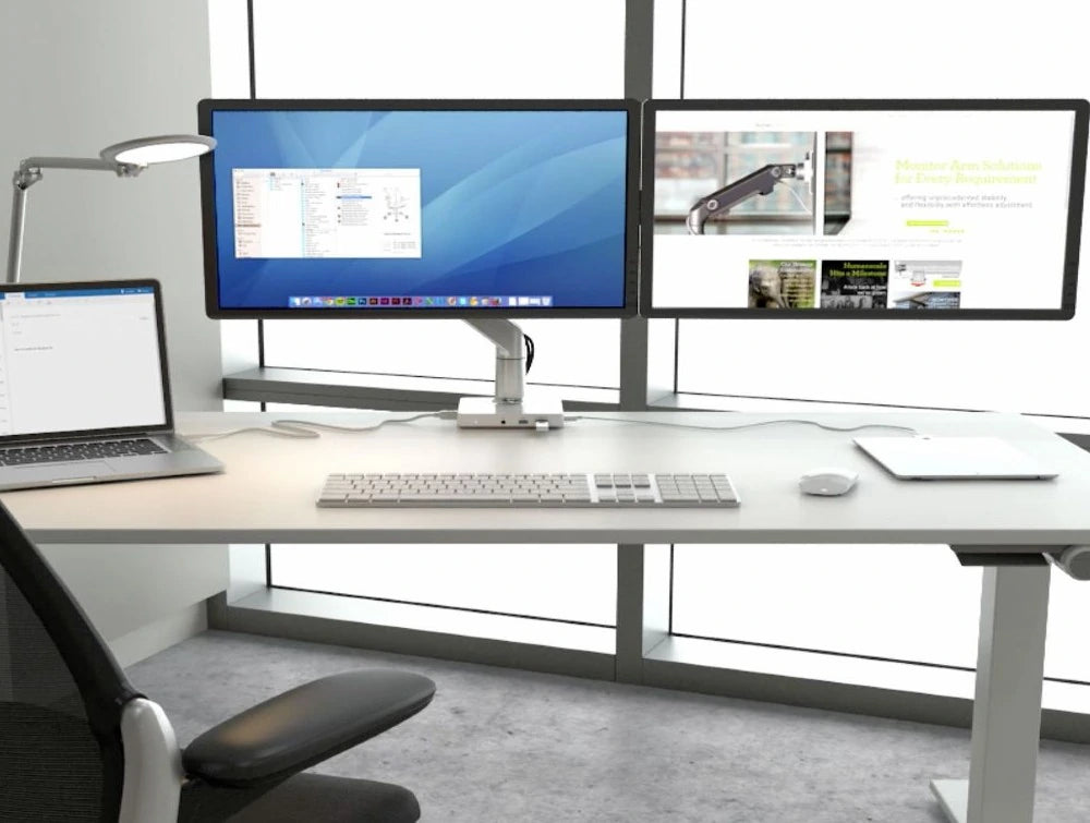 Humanscale Mconnect Docking Station With Usb Hub 7 In White With Dual Monitor In White Desk