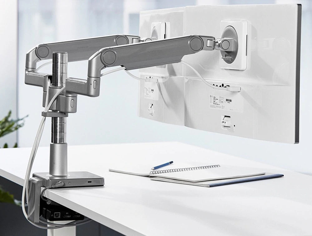 Humanscale Mflex Multi Monitor Arm And Support For Up To 4 Monitors In Polished Aluminum And White Trim With Base In White Table
