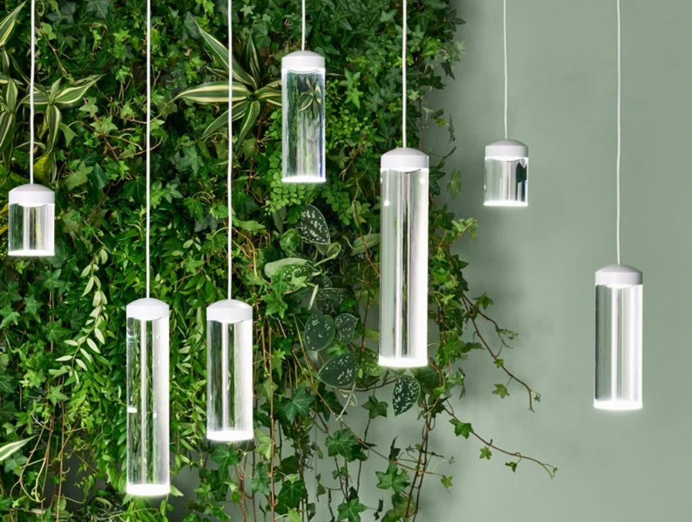 Humanscale Pendant Hanging Quartz Cylinder Vessel Light 5 With Greenery