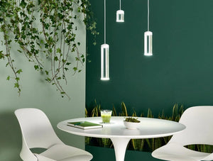Humanscale Pendant Hanging Quartz Cylinder Vessel Light 7 With White Table And Chair