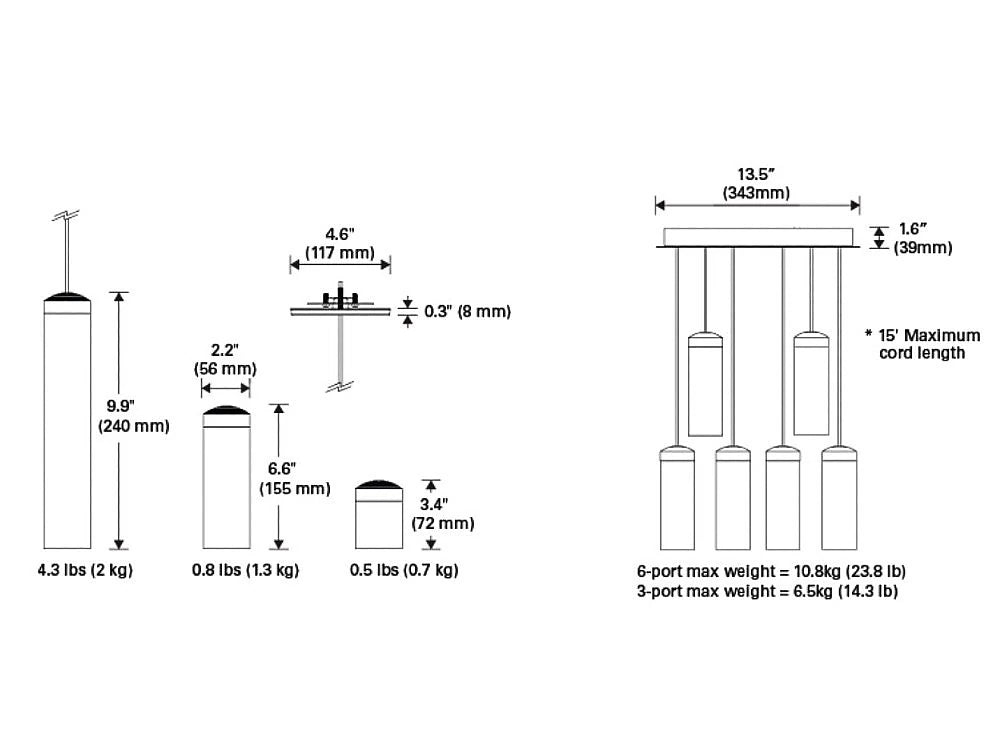 Humanscale Pendant Hanging Quartz Cylinder Vessel Light 8 Dimensions
