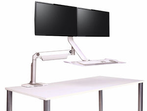 Humanscale Quickstand Lite Desk Converter For Hot Desking 3 In Silver With White Trim With Dual Monitor On White Table
