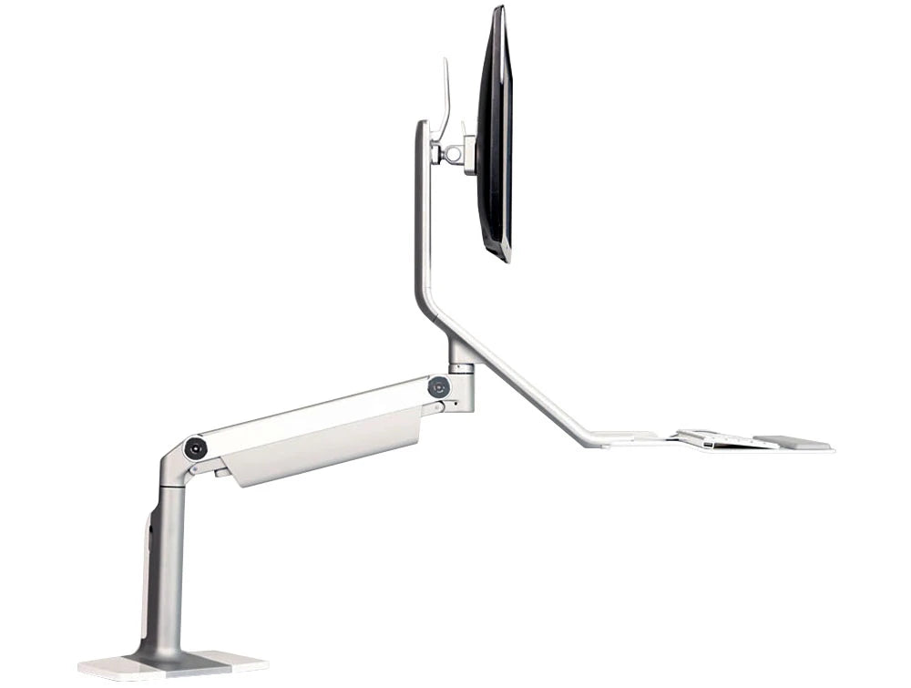 Humanscale Quickstand Lite Desk Converter For Hot Desking 4 In Silver With White Trim With Single Monitor On White Table