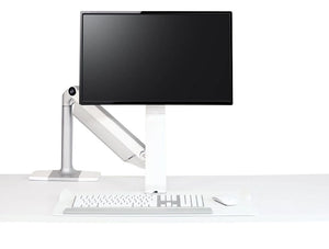 Humanscale Quickstand Lite Desk Converter For Hot Desking 5 In Silver With White Trim On White Desk