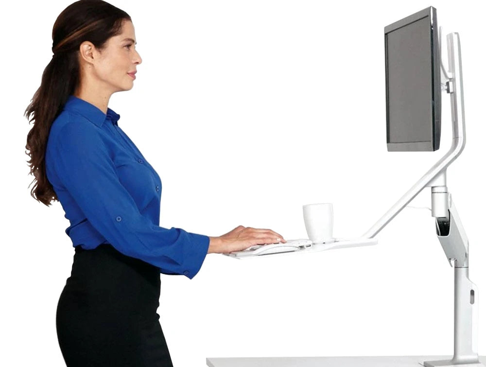 Humanscale Quickstand Lite Desk Converter For Hot Desking 6 In Silver With White Trim With White Mug