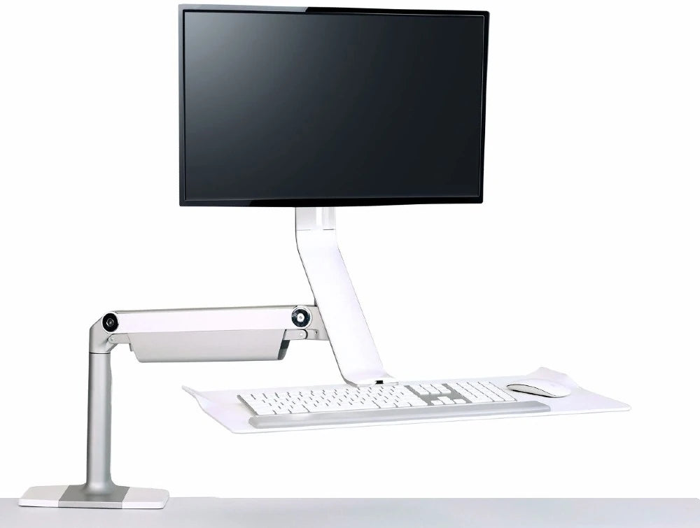Humanscale Quickstand Lite Desk Converter For Hot Desking In Silver With White Trim With Single Monitor