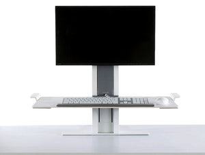 Humanscale Quickstand Sit To Easy And Portable Desk Converter 3 In White With Silver With White Keyboard And Mouse On White Desk