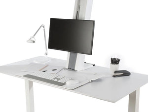 Humanscale Quickstand Sit To Easy And Portable Desk Converter 4 In White With White Accessories On White Table