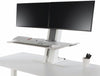 Humanscale Quickstand Sit To Easy And Portable Desk Converter 5 In White With Dual Monitor On White Desk