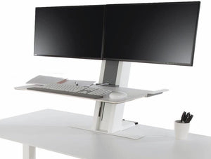 Humanscale Quickstand Sit To Easy And Portable Desk Converter 5 In White With Dual Monitor On White Desk