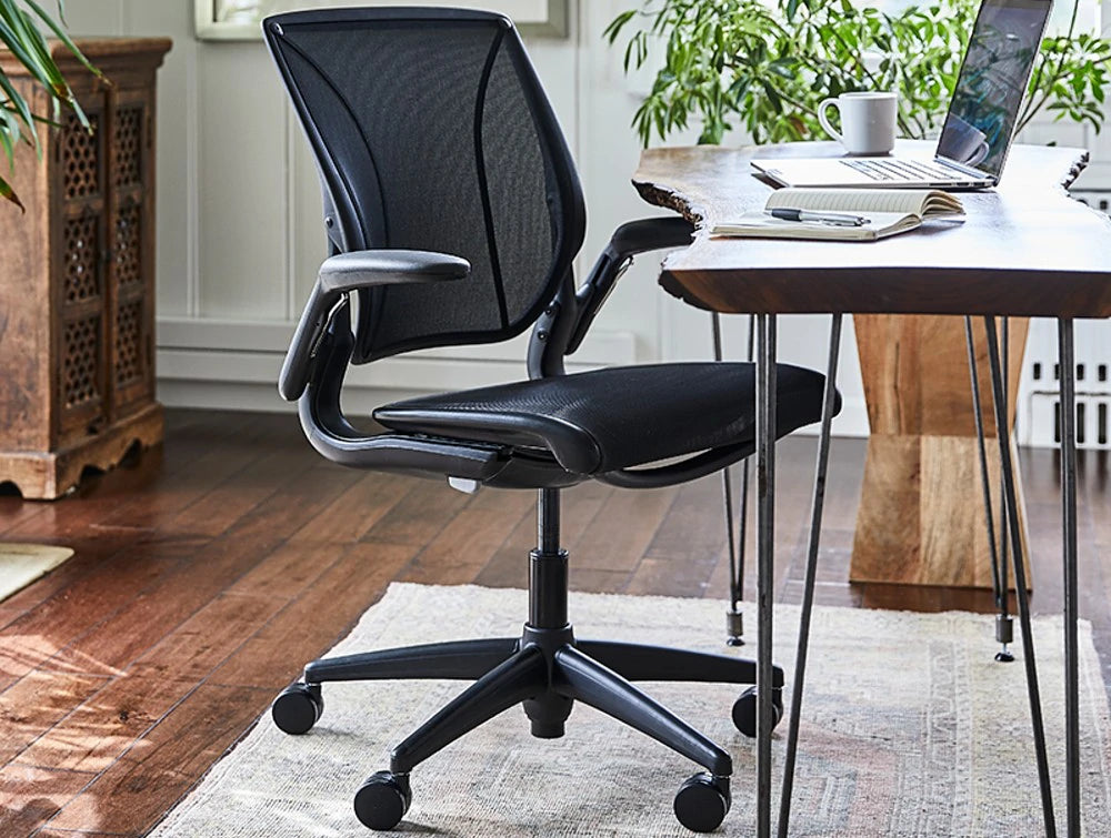 Humanscale Smart Ocean Comfortable Mesh Task Office Chair In Black With Black Trim And Wooden Top Table