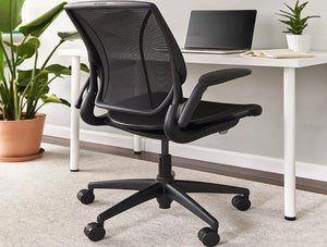 Humanscale Smart Ocean Comfortable Mesh Task Office Chair In Black With Black Trim With White Table