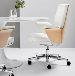 Humanscale Summa Executive Conference Wood Back Office Chair 6 In White Upholstery With White Table