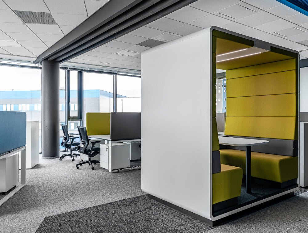 Hush Meeting Pod Office Furniture With Ergonomic Chair And White Finish Pedestal In Breakout Setting