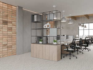 Ionic Cube Zoning System on Tall Storage with Key 3 Drawer Slimline Pedestal and Grey Finish Light Desk Screen and Aria Ergonomic Chair in Modern Office Setting