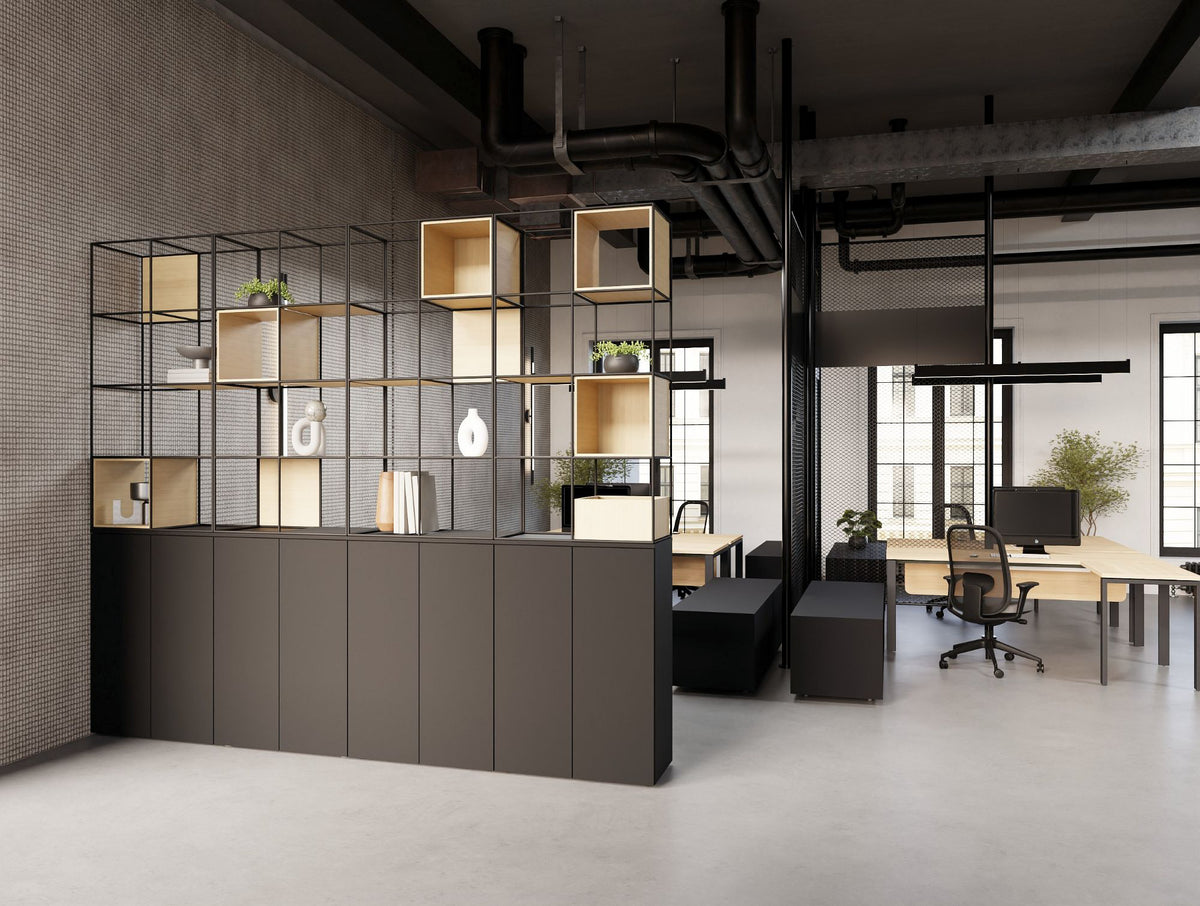 Ionic Double Grid Zoning System on Tall Storage with Profil Executive Desk and Credenza Unit and Contour Ergonomic Chair and Decora Modular Zoning System in Modern Office Setting 2