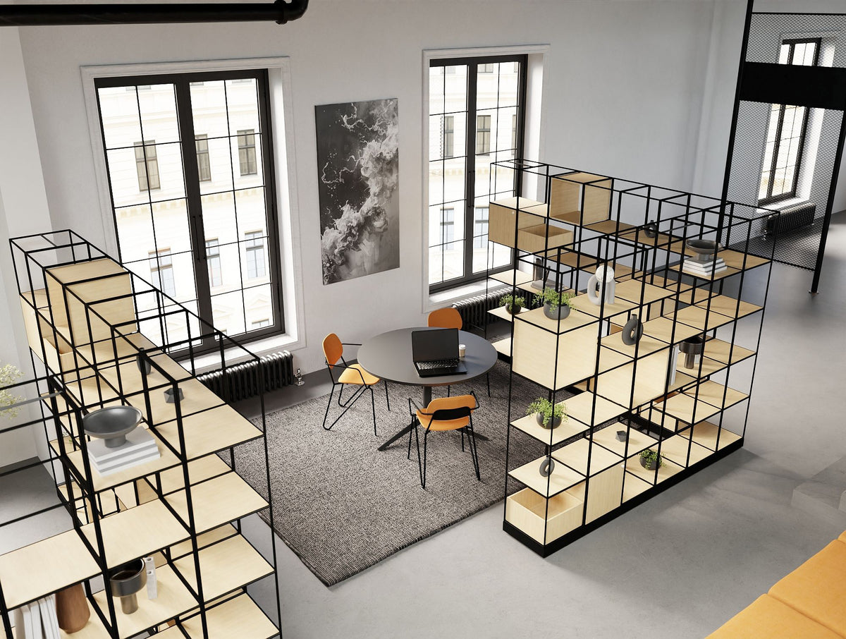 Ionic Modular 5 Level Zoning System in Oak Finish with Harmon Round Table and Line Chair in Modern Office Setting 3