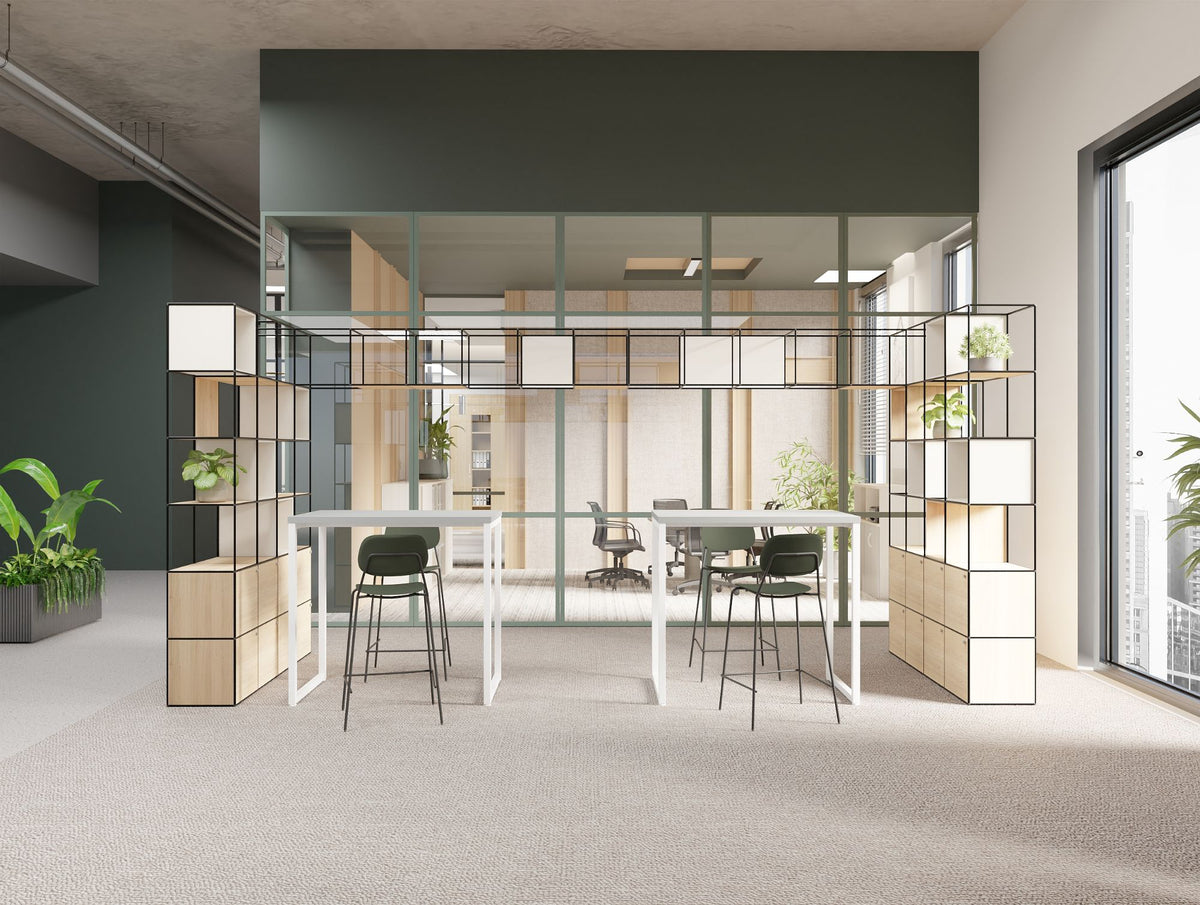 Ionic Modular Corner Zoning System with Nestro Hightop Table and Line High Stool and Vela Ergonomic Chair in Modern Office Setting 2