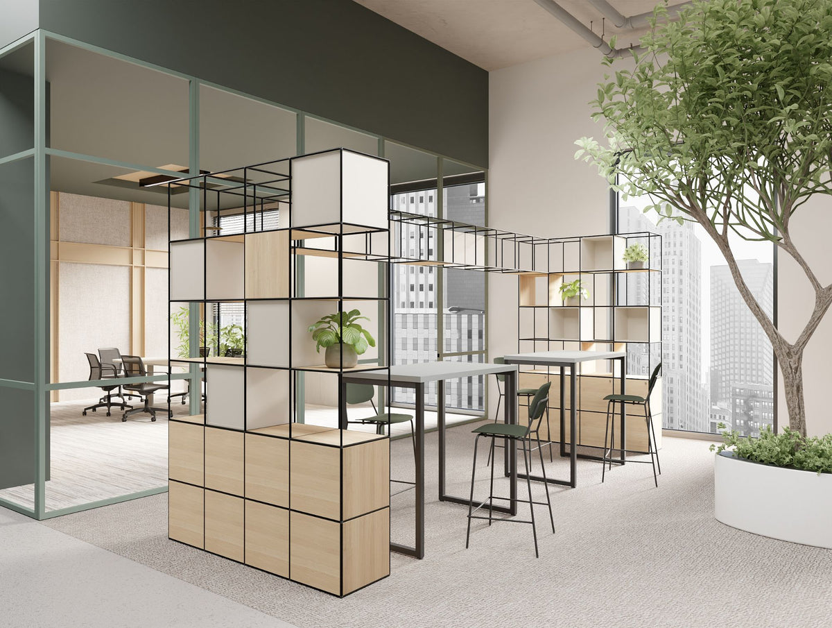 Ionic Modular Corner Zoning System with Nestro Hightop Table and Line High Stool and Vela Ergonomic Chair in Modern Office Setting