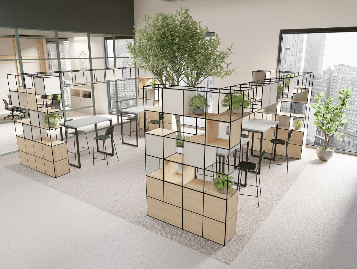 Ionic Modular Corner Zoning System with Nestro Hightop Table and Line High Stool in Modern Office Setting 3