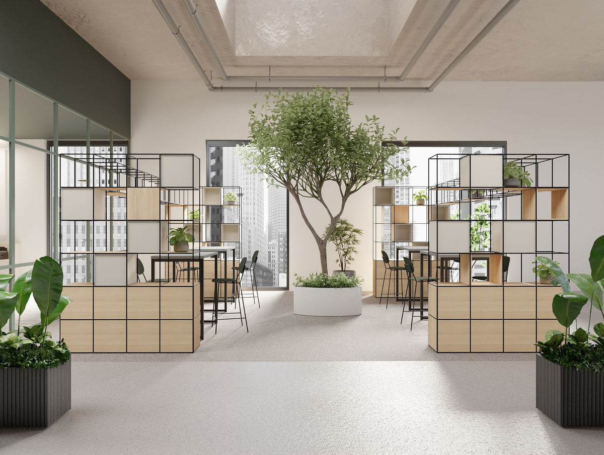 Ionic Modular Corner Zoning System with Nestro Hightop Table and Line High Stool in Modern Office Setting 5