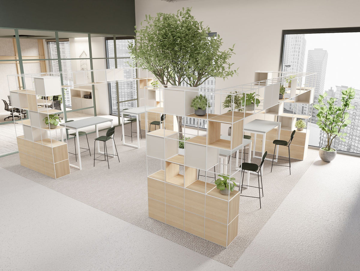 Ionic Modular Corner Zoning System with Nestro Hightop Table and Line High Stool in Modern Office Setting