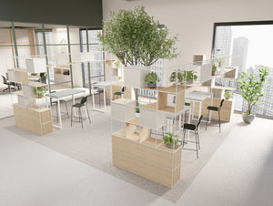 Ionic Modular Corner Zoning System with Nestro Hightop Table and Line High Stool in Modern Office Setting