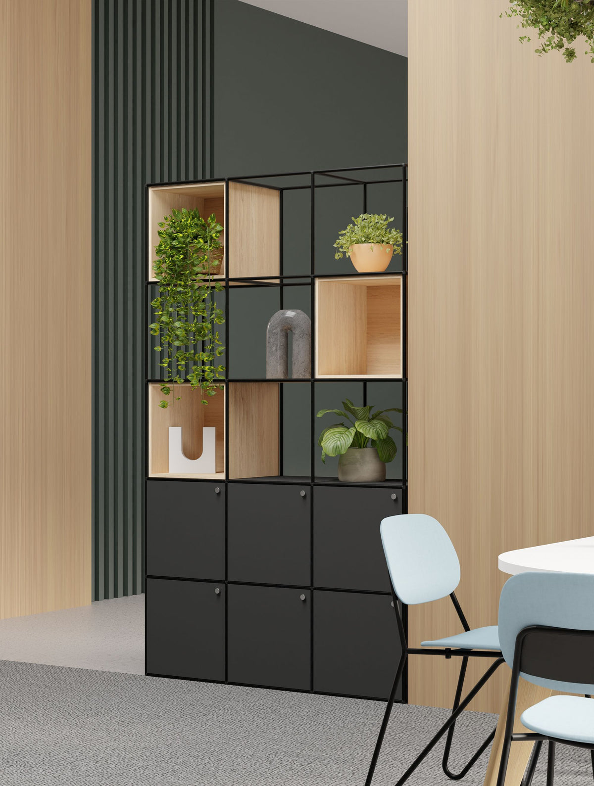 Ionic Modular Zoning System with Fully Upholstered Line Chair in Modern Office Setting
