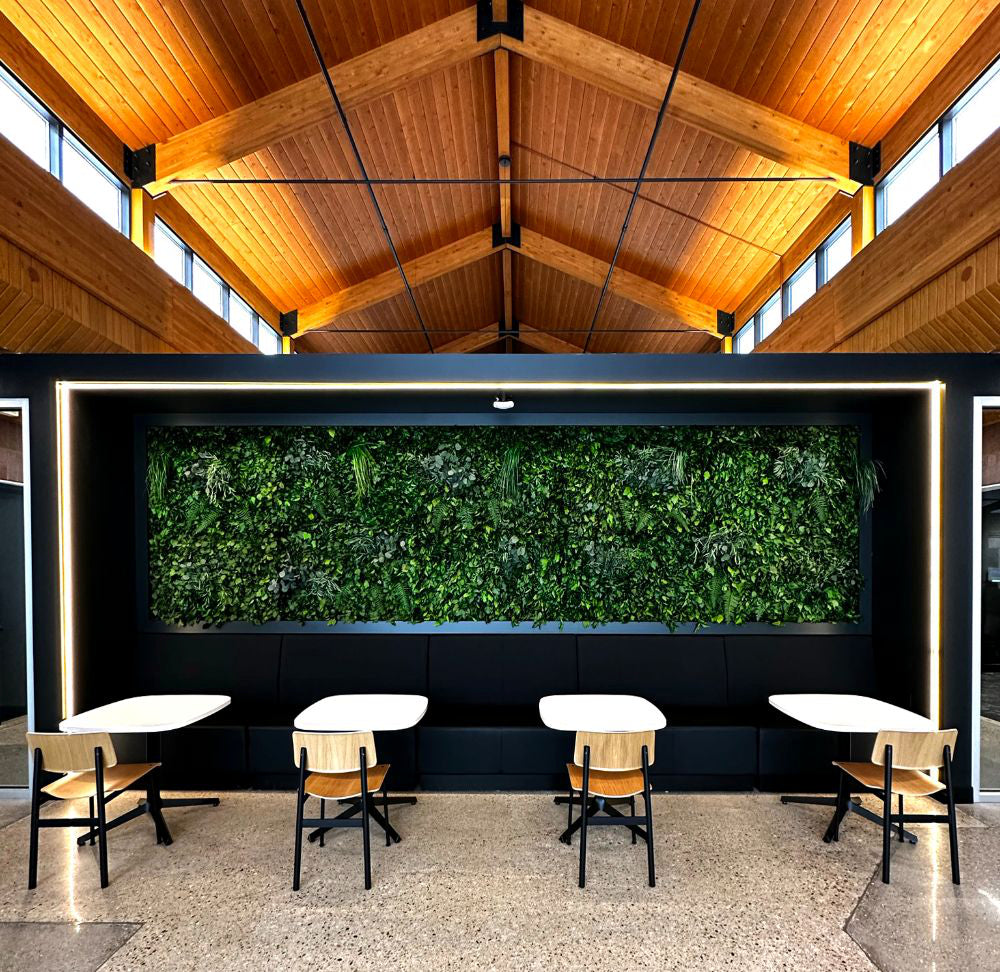Java Acoustic Vertical Garden in Green Finish with Canteen Table and Chairs in Restaurant Setting 2
