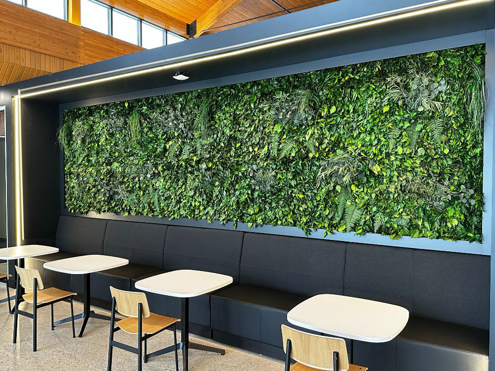 Java Acoustic Vertical Garden in Green Finish with Canteen Table and Chairs in Restaurant Setting