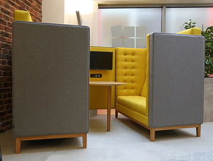 Jig Cave 4 Seaters Acoustic Meeting Pod Grey And Yellow With Tv Screen And Power Module In Reception Area