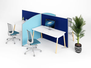 Join Freestanding Desk Screen in Different Shade of Blue Finishes with Key Single Bench Desk and Mesh Back Task Chair