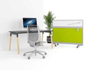 Join Mobile Whiteboard with Green Fabric Panel with Grey Mesh Back Chair and Key Single Bench Desk with Dark Grey Top