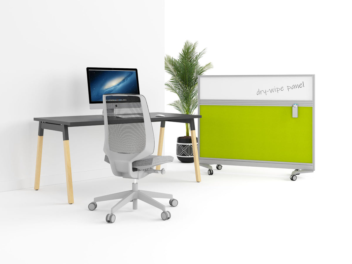 Join Mobile Whiteboard with Green Fabric Panel with Grey Mesh Back Chair and Key Single Bench Desk with Dark Grey Top