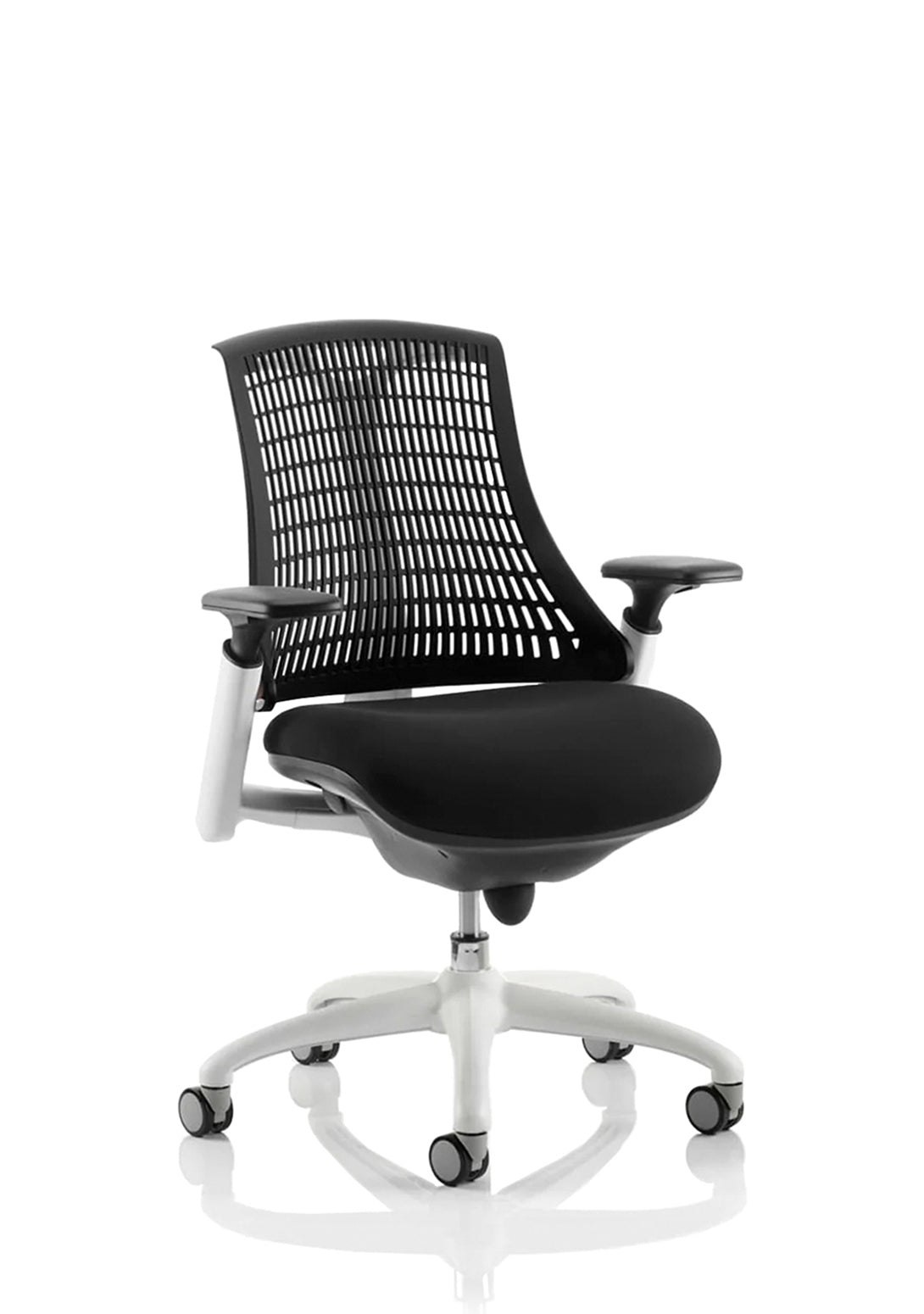 Flex Task Operator Chair White Frame Black Fabric Seat With Black Back With Arms