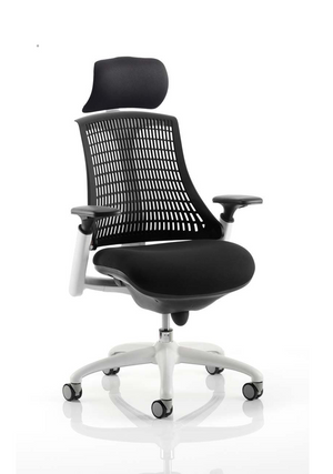 Flex Task Operator Chair White Frame Black Fabric Seat With Black Back With Arms With Headrest Image 2