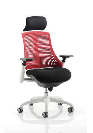 Flex Task Operator Chair White Frame Black Fabric Seat With Red Back With Arms With Headrest Image 2
