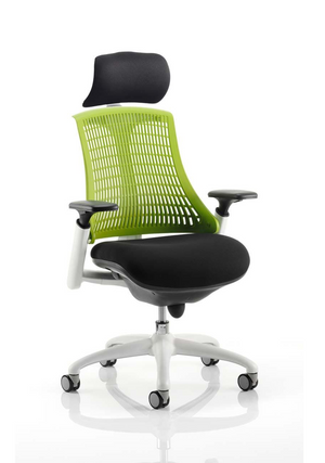 Flex Task Operator Chair White Frame Black Fabric Seat With Green Back With Arms With Headrest Image 2