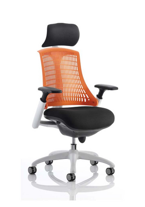 Flex Task Operator Chair White Frame Black Fabric Seat With Orange Back With Arms With Headrest